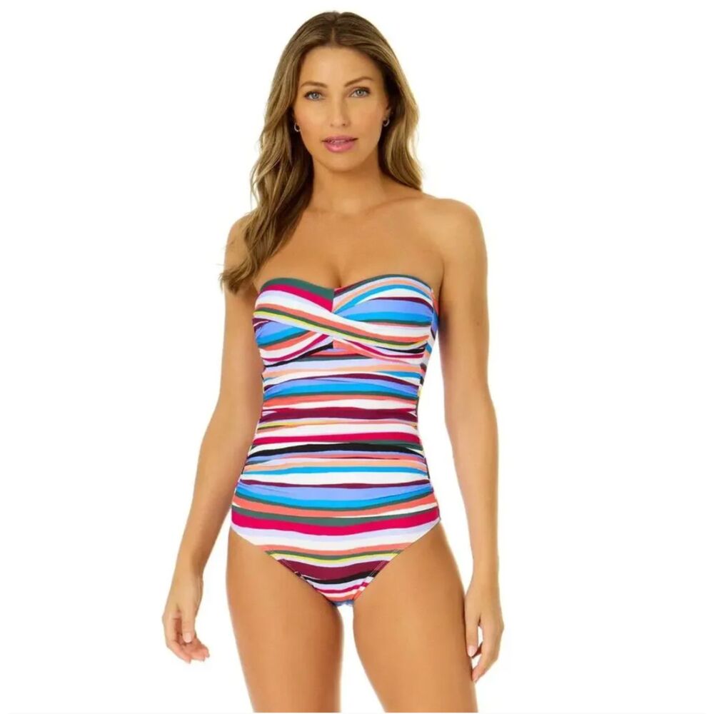 Anne Cole Women's Easy Breezy Stripe Twist-Front Bandeau One-Piece Swimsuit 14